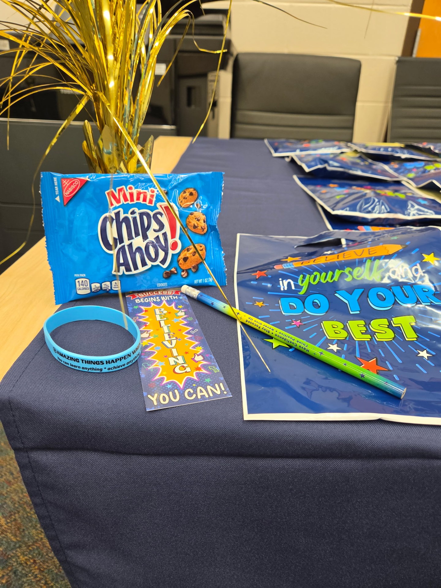 Close-up of a goodie bag with cookies, a pencil, wristband, and motivational bookmark
