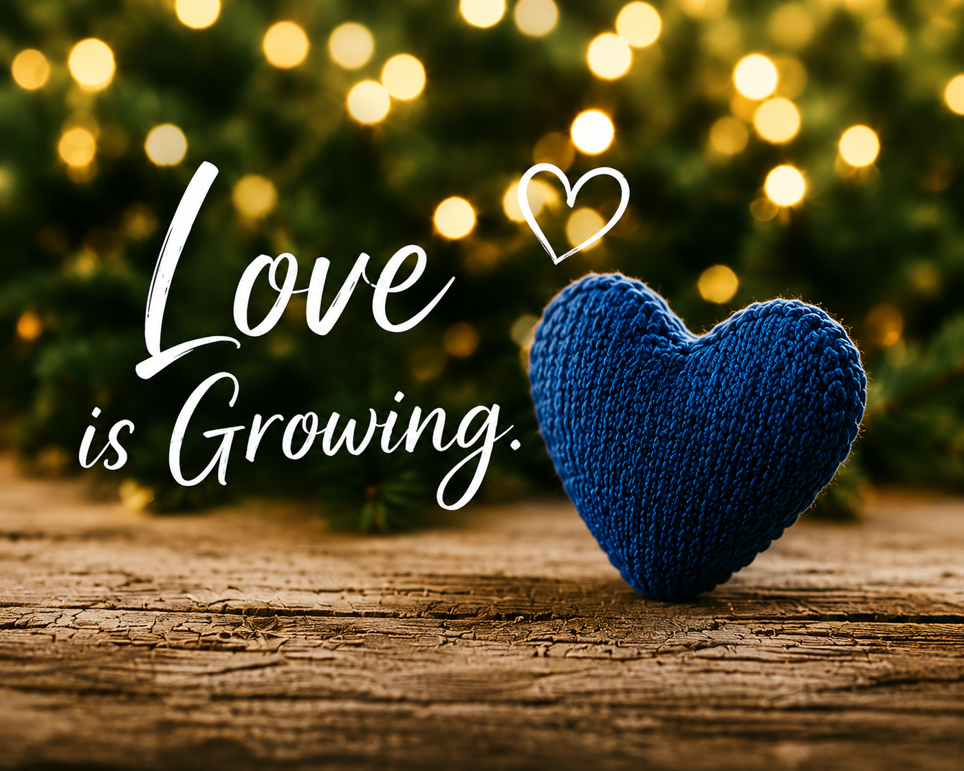 Love is Growing — a blue knitted heart on rustic wood with warm holiday lights