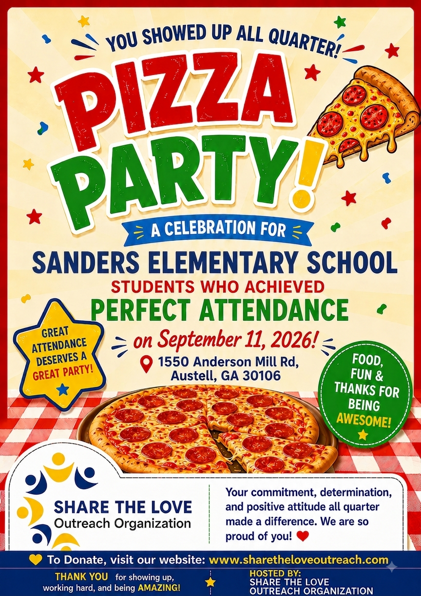 Pizza Party flyer celebrating Sanford Elementary School students with perfect attendance on September 11, 2026