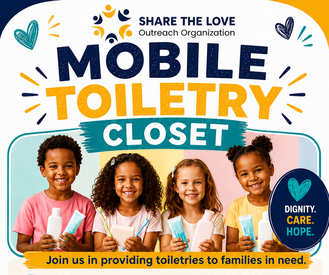 Mobile Toiletry Closet flyer: children holding soap, shampoo and toothpaste, with details on why and who the program serves