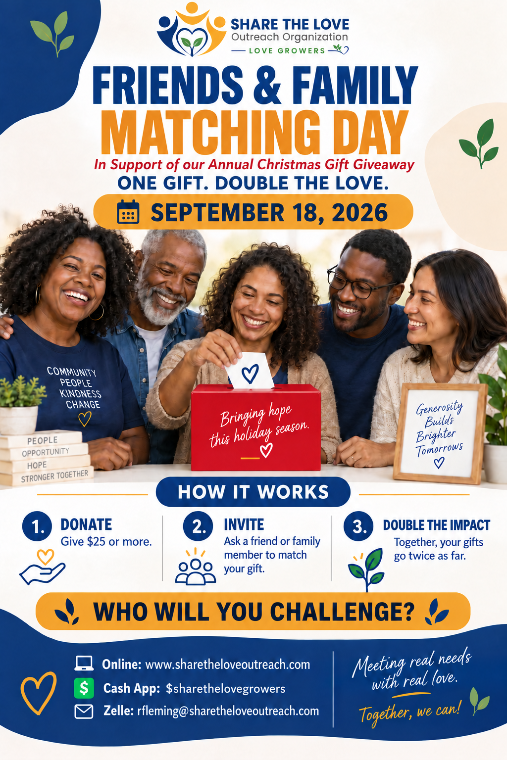 Friends & Family Matching Day flyer — one gift, double the love, September 18, 2026