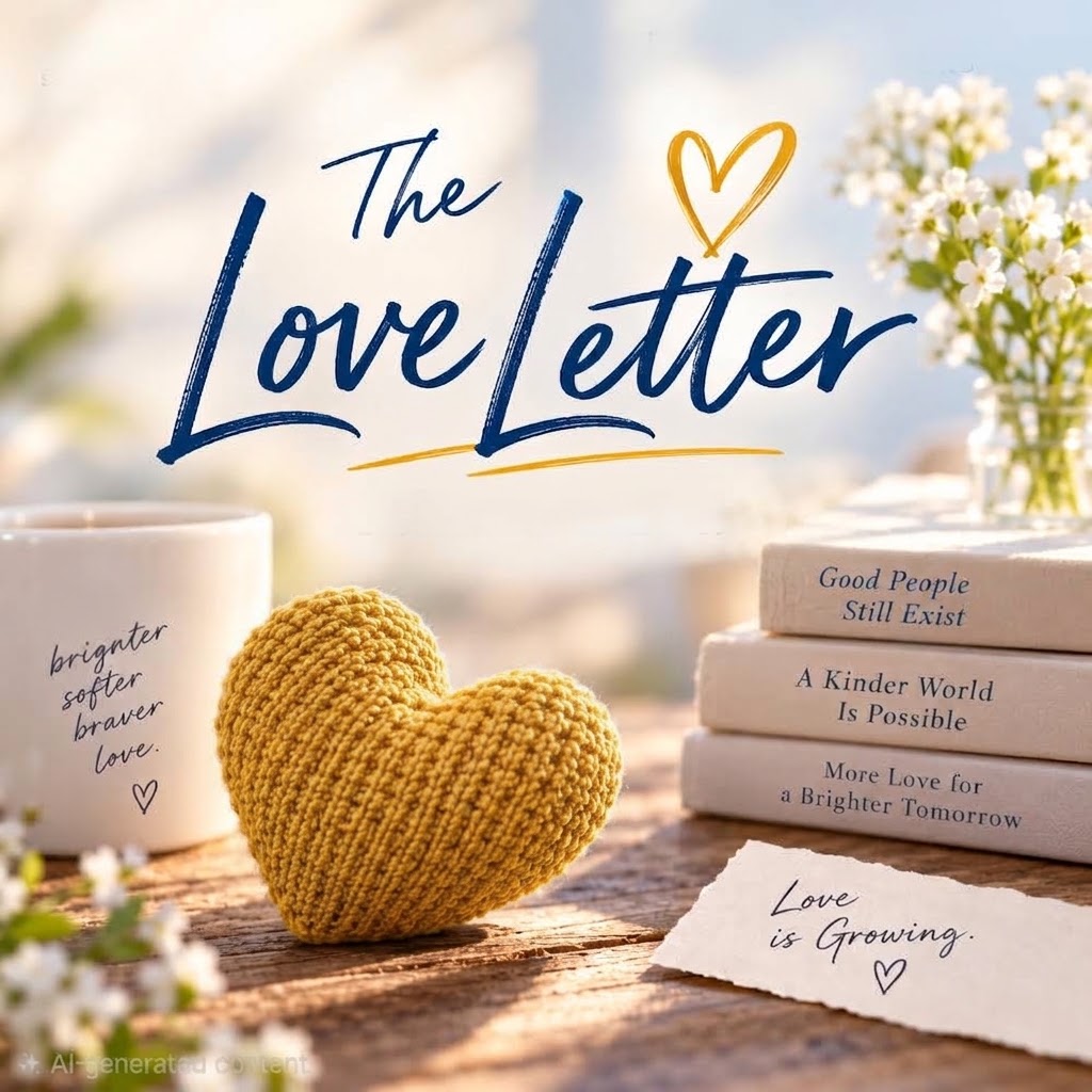 The Love Letter — a cozy scene with a knitted heart, books, and a mug